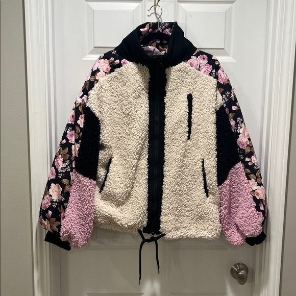 For Love and Lemons Cozy Zip-Up Jacket Colorblock floral stand collar Teddy bear - Picture 6 of 12